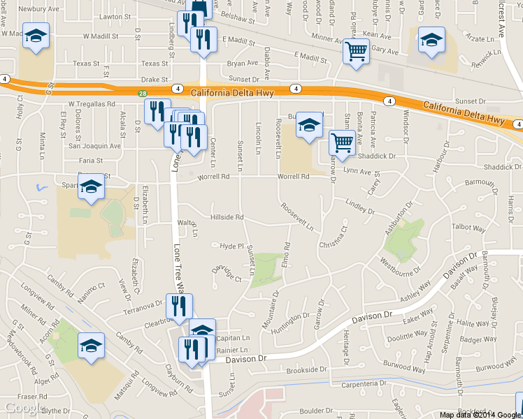 map of restaurants, bars, coffee shops, grocery stores, and more near 203 1/2 Hillside Road in Antioch