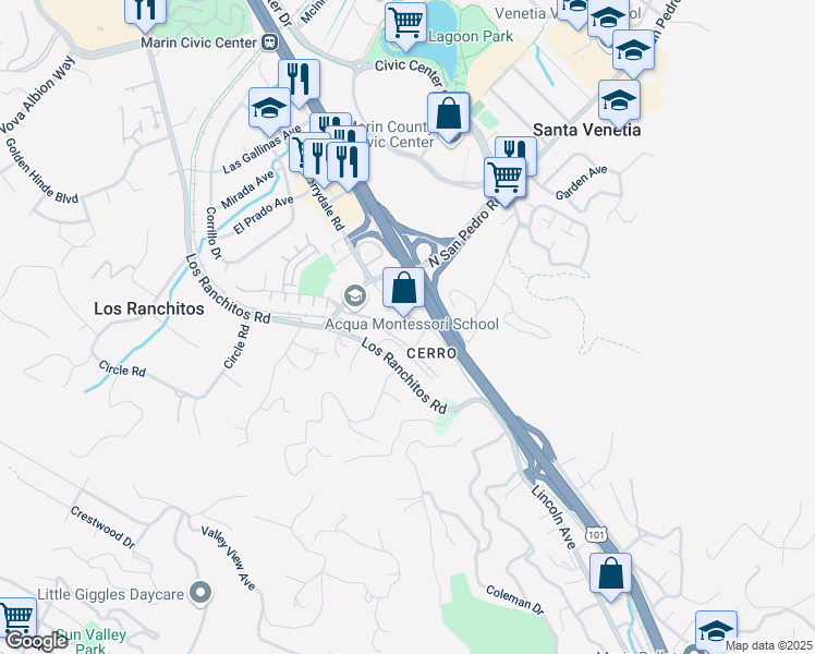 map of restaurants, bars, coffee shops, grocery stores, and more near 19 Merrydale Road in San Rafael