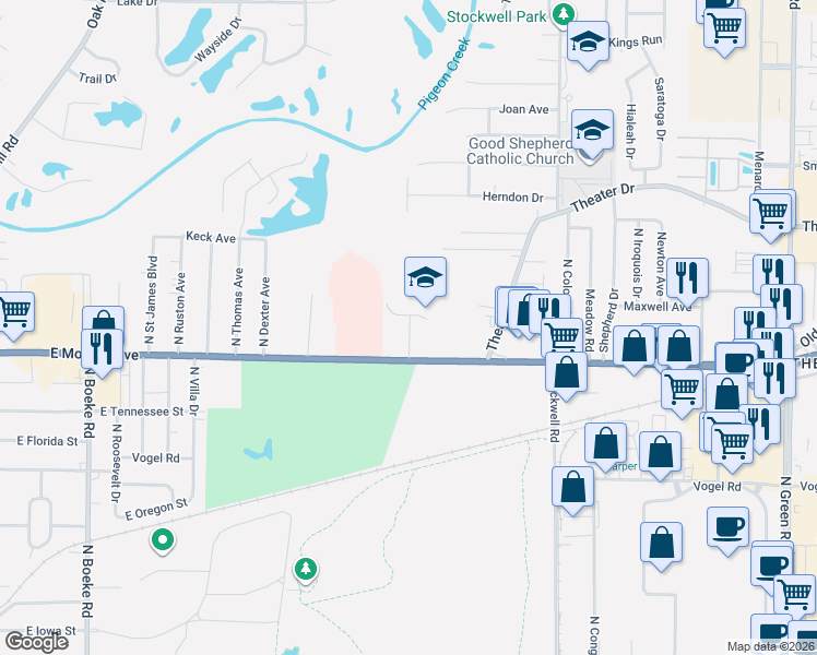 map of restaurants, bars, coffee shops, grocery stores, and more near 3514 East Morgan Avenue in Evansville