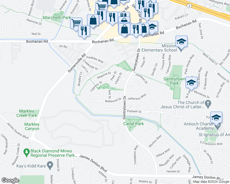 map of restaurants, bars, coffee shops, grocery stores, and more near 3109 Persimmon Street in Antioch