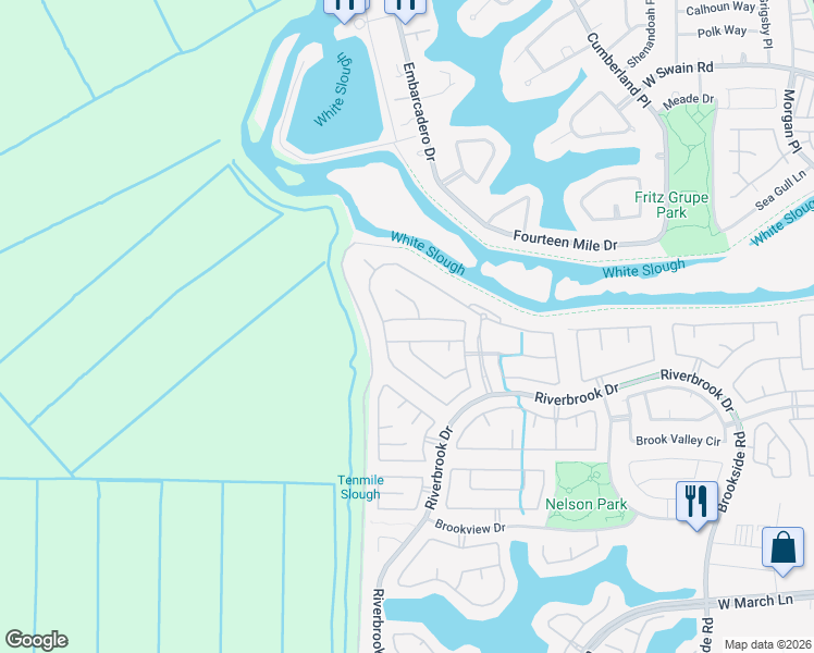 map of restaurants, bars, coffee shops, grocery stores, and more near 4216 Steamboat Cove Lane in Stockton