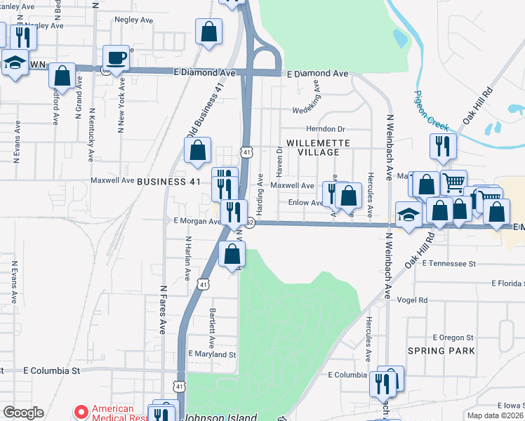 map of restaurants, bars, coffee shops, grocery stores, and more near 1613 Harding Avenue in Evansville