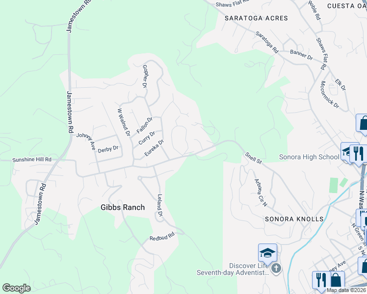 map of restaurants, bars, coffee shops, grocery stores, and more near 20580 Bay Meadows Drive in Sonora