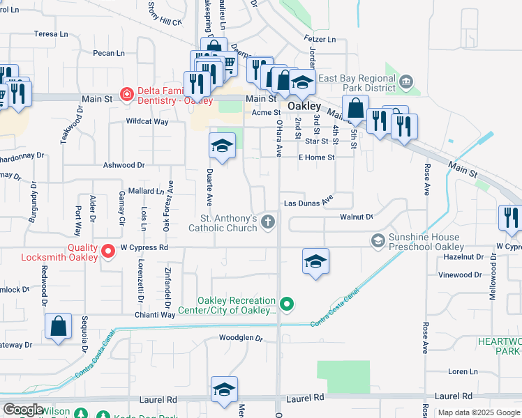 map of restaurants, bars, coffee shops, grocery stores, and more near 11 Amador Avenue in Oakley