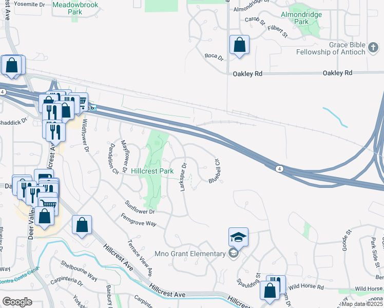 map of restaurants, bars, coffee shops, grocery stores, and more near 2934 Bluebell Circle in Antioch