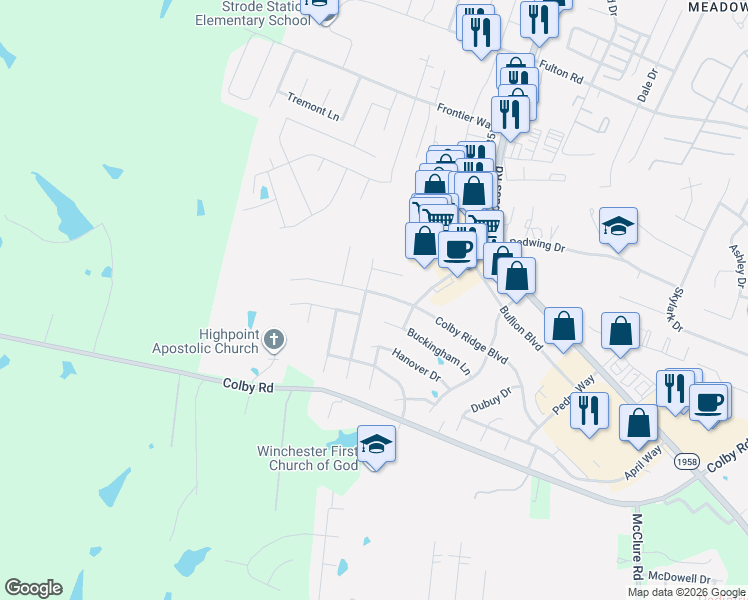 map of restaurants, bars, coffee shops, grocery stores, and more near 209 Abbeywood Court in Winchester