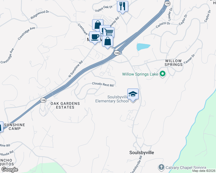 map of restaurants, bars, coffee shops, grocery stores, and more near 18008 Clouds Rest Road in Soulsbyville