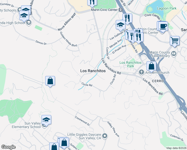 map of restaurants, bars, coffee shops, grocery stores, and more near 2 Farm Road in San Rafael