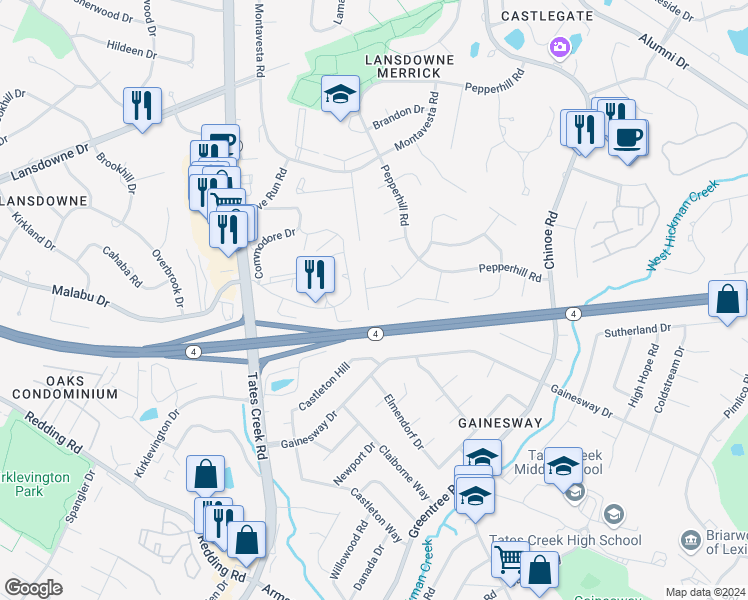 map of restaurants, bars, coffee shops, grocery stores, and more near 3424 Tishoff Court in Lexington