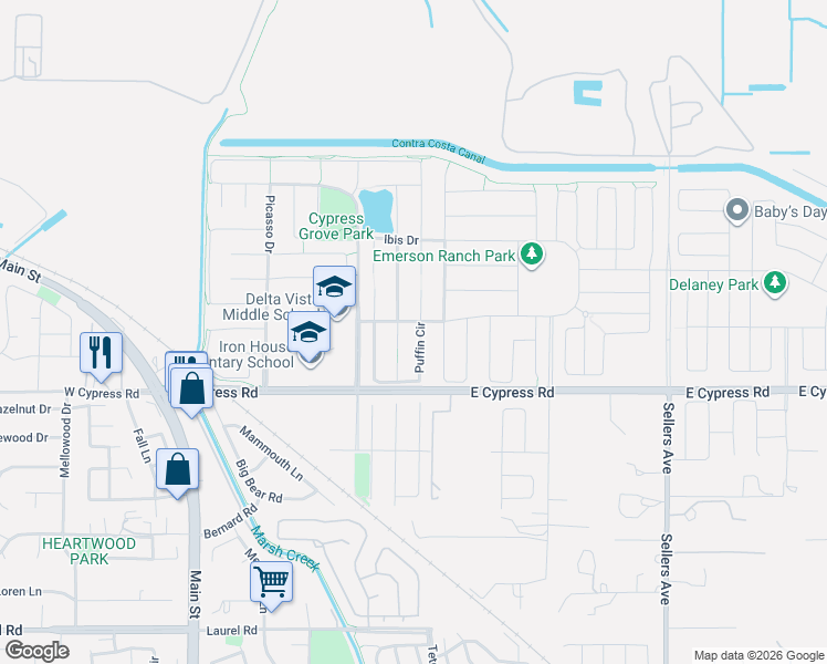 map of restaurants, bars, coffee shops, grocery stores, and more near 50 Snowy Egret Court in Oakley