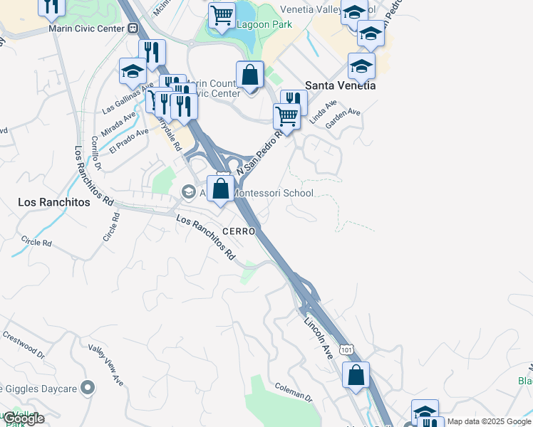 map of restaurants, bars, coffee shops, grocery stores, and more near 10 San Pablo Avenue in San Rafael