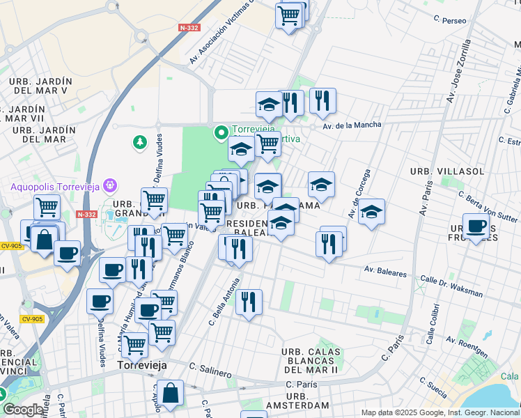 map of restaurants, bars, coffee shops, grocery stores, and more near 4 Calle Islas Hormigas in Torrevieja