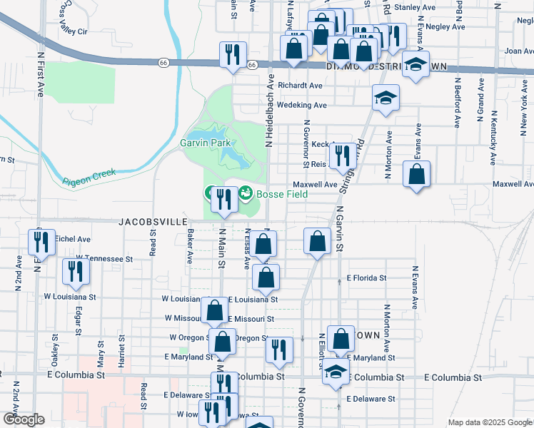 map of restaurants, bars, coffee shops, grocery stores, and more near 1610 North Heidelbach Avenue in Evansville