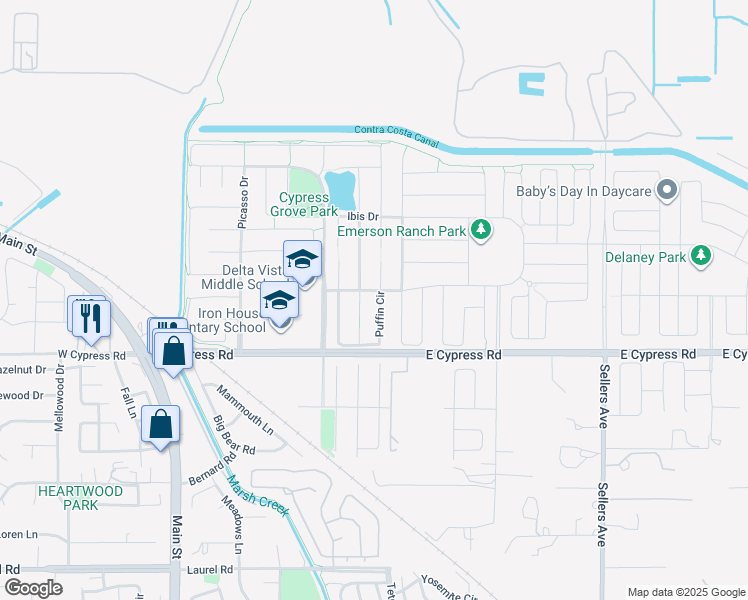 map of restaurants, bars, coffee shops, grocery stores, and more near 53 Puffin Circle in Oakley