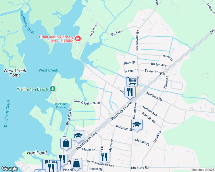 map of restaurants, bars, coffee shops, grocery stores, and more near 38 Wynfall Avenue in Crisfield