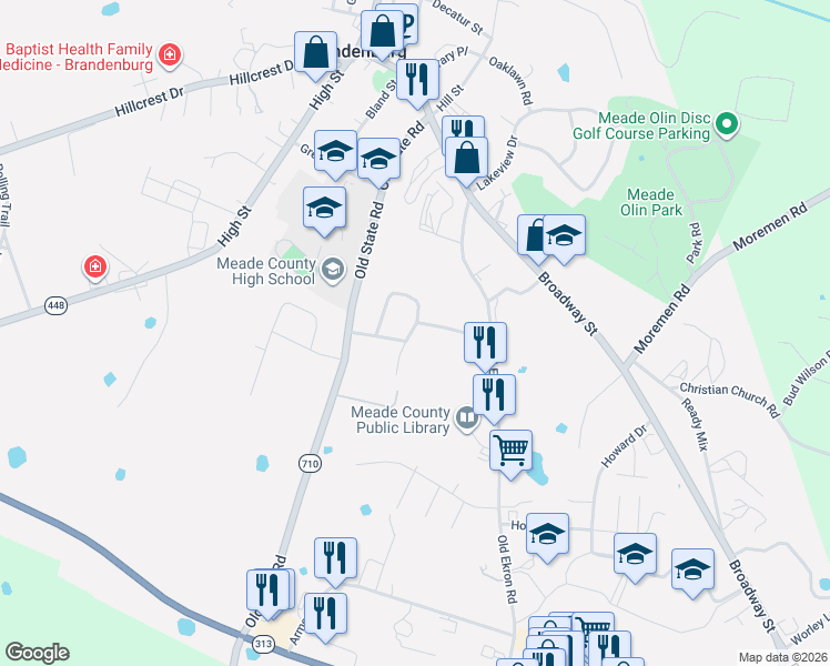 map of restaurants, bars, coffee shops, grocery stores, and more near 348 Meadowview Drive in Brandenburg