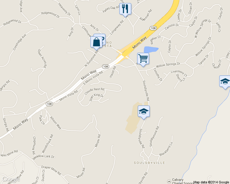 map of restaurants, bars, coffee shops, grocery stores, and more near 18008 Clouds Rest Road in Soulsbyville