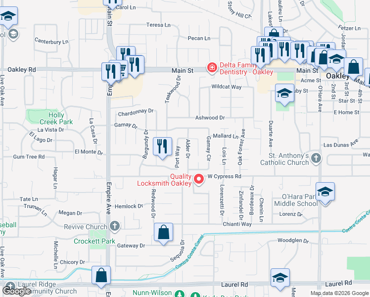 map of restaurants, bars, coffee shops, grocery stores, and more near 4639 Alder Drive in Oakley