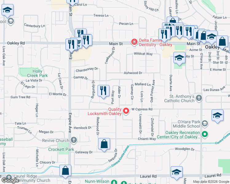 map of restaurants, bars, coffee shops, grocery stores, and more near 1610 Port Way in Oakley