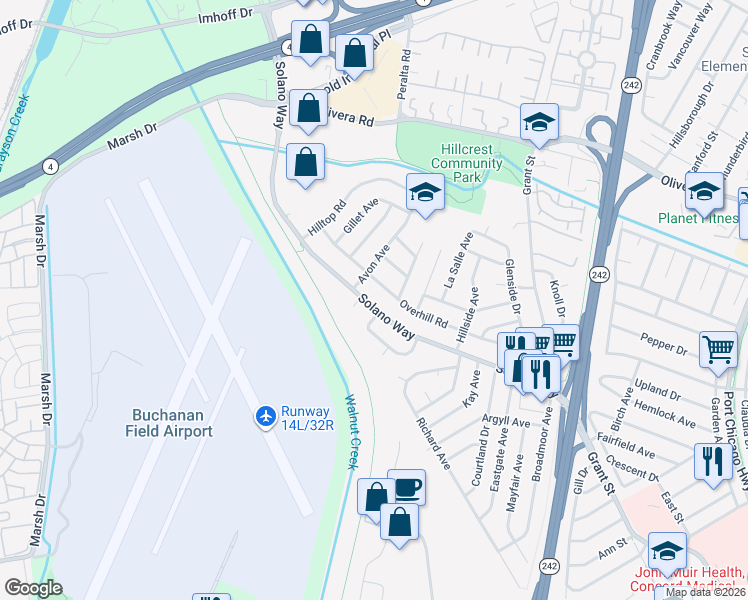 map of restaurants, bars, coffee shops, grocery stores, and more near 1932 Solano Way in Concord