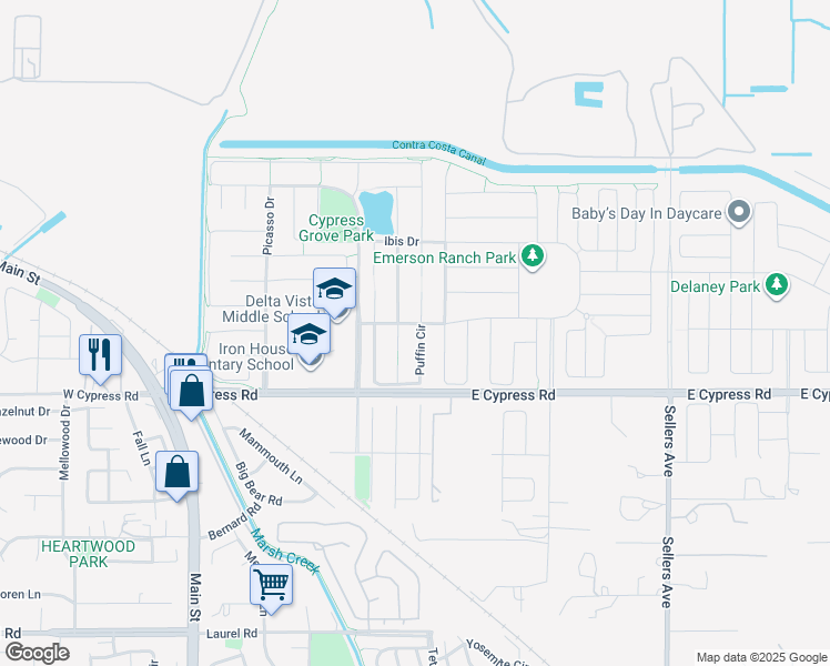 map of restaurants, bars, coffee shops, grocery stores, and more near 53 Puffin Circle in Oakley