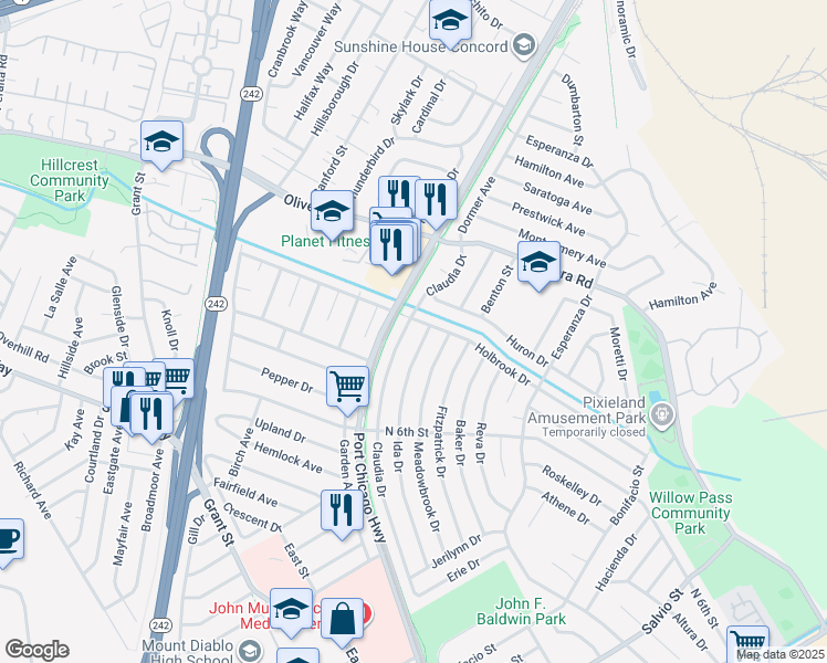 map of restaurants, bars, coffee shops, grocery stores, and more near 3279 Meadowbrook Drive in Concord