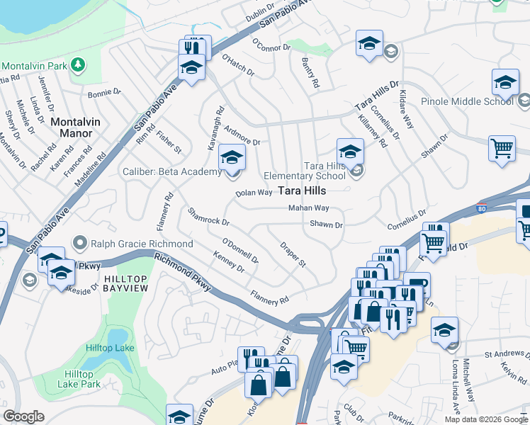 map of restaurants, bars, coffee shops, grocery stores, and more near 2448 Mahan Way in San Pablo