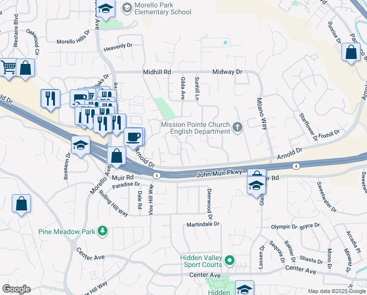 map of restaurants, bars, coffee shops, grocery stores, and more near 201 Hidden Creek Court in Martinez