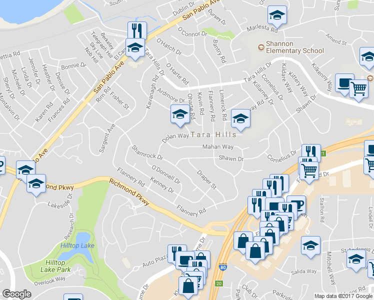 map of restaurants, bars, coffee shops, grocery stores, and more near 2448 Mahan Way in San Pablo
