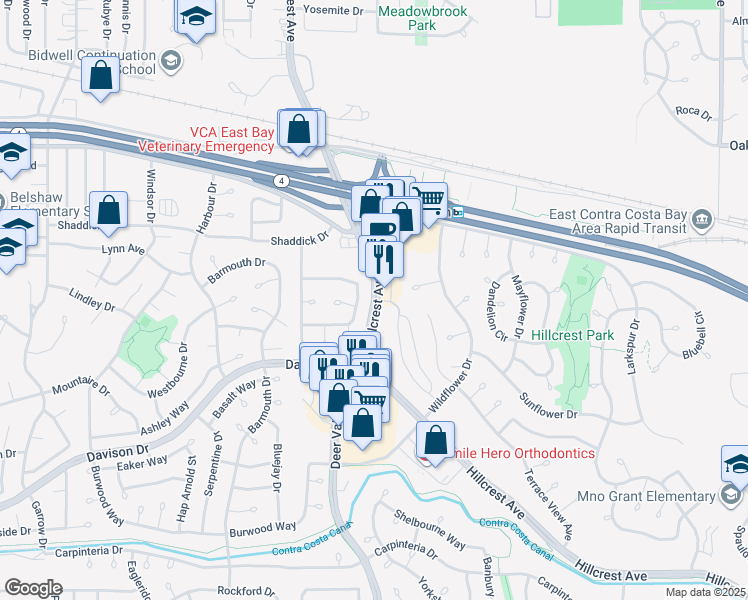 map of restaurants, bars, coffee shops, grocery stores, and more near 2758 Lily Court in Antioch