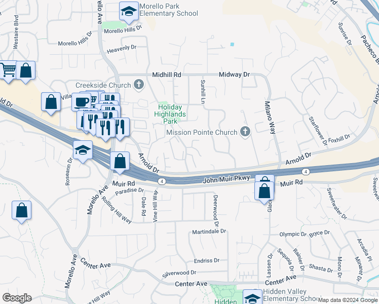 map of restaurants, bars, coffee shops, grocery stores, and more near 201 Hidden Creek Court in Martinez