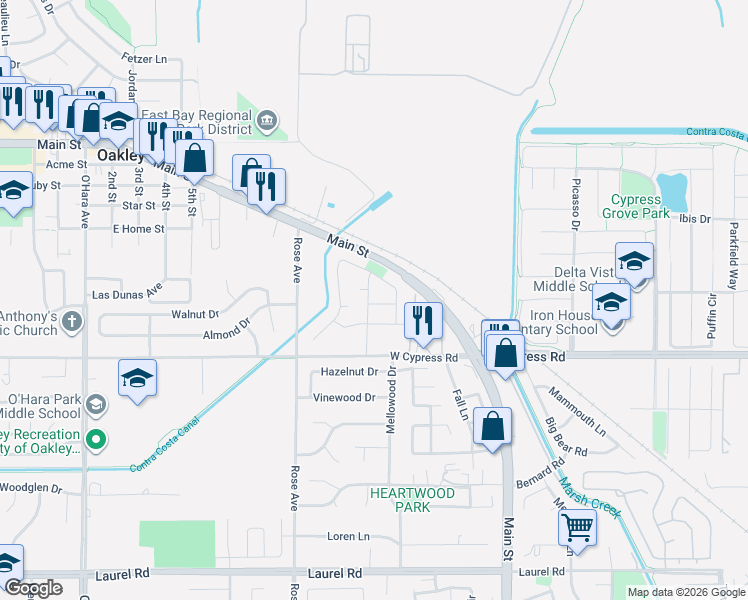 map of restaurants, bars, coffee shops, grocery stores, and more near 314 Brookview Drive in Oakley