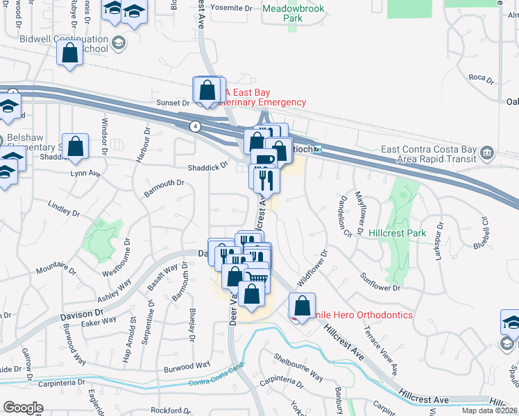 map of restaurants, bars, coffee shops, grocery stores, and more near 2758 Lily Court in Antioch