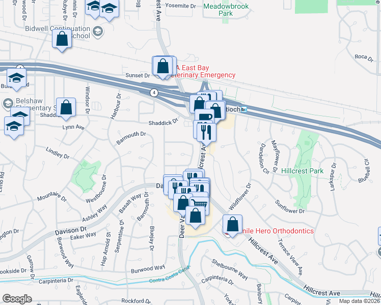 map of restaurants, bars, coffee shops, grocery stores, and more near 1501 Mellissa Court in Antioch