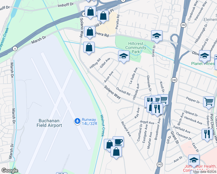 map of restaurants, bars, coffee shops, grocery stores, and more near 1932 Solano Way in Concord