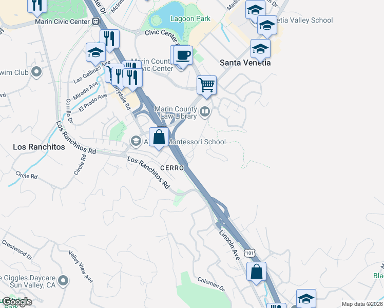 map of restaurants, bars, coffee shops, grocery stores, and more near 3550 Redwood Highway in San Rafael
