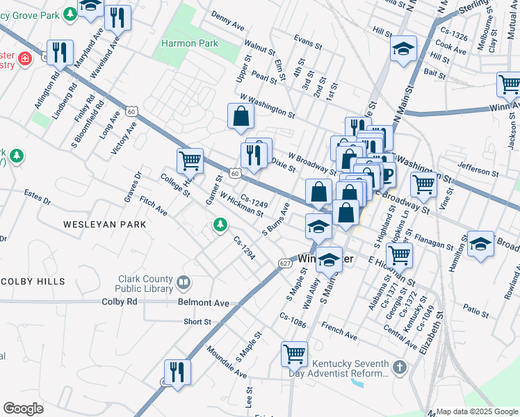 map of restaurants, bars, coffee shops, grocery stores, and more near 209 West Hickman Street in Winchester