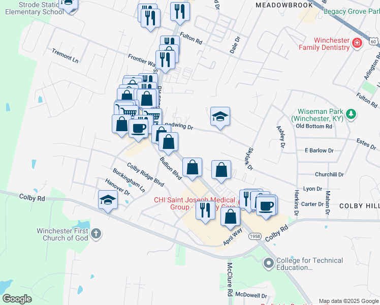 map of restaurants, bars, coffee shops, grocery stores, and more near 550 Bullion Boulevard in Winchester