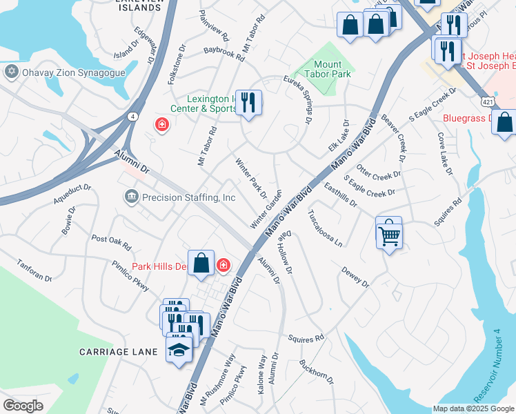 map of restaurants, bars, coffee shops, grocery stores, and more near 2881 Winter Garden in Lexington