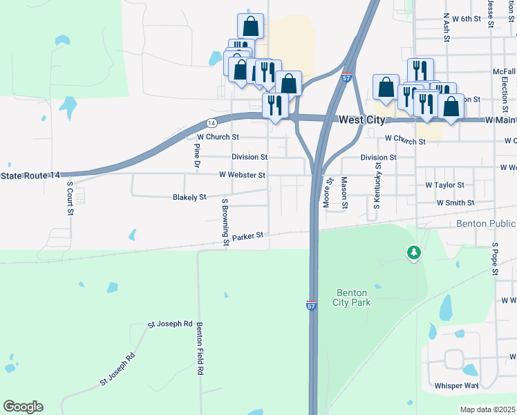 map of restaurants, bars, coffee shops, grocery stores, and more near 1004 Simpson Street in Benton