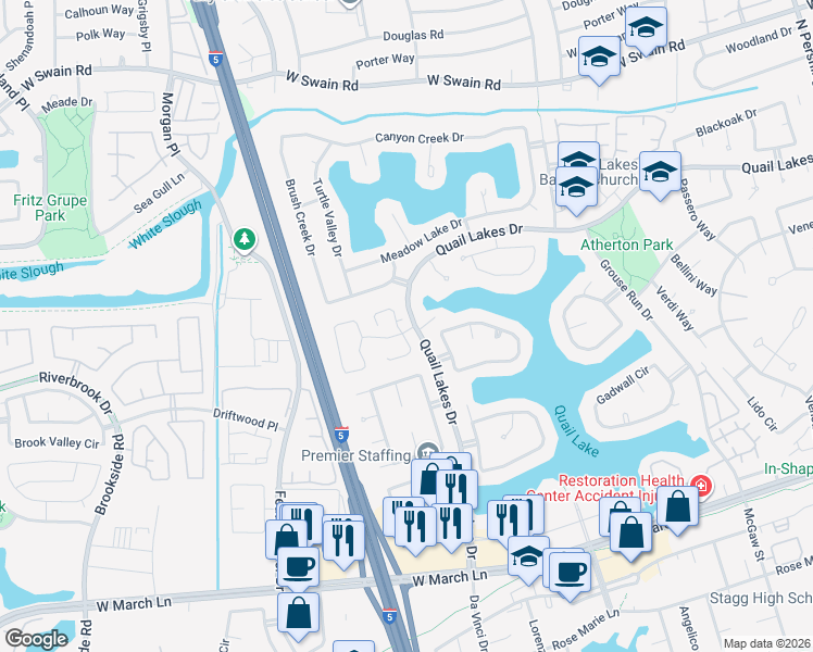 map of restaurants, bars, coffee shops, grocery stores, and more near 3591 Quail Lakes Drive in Stockton