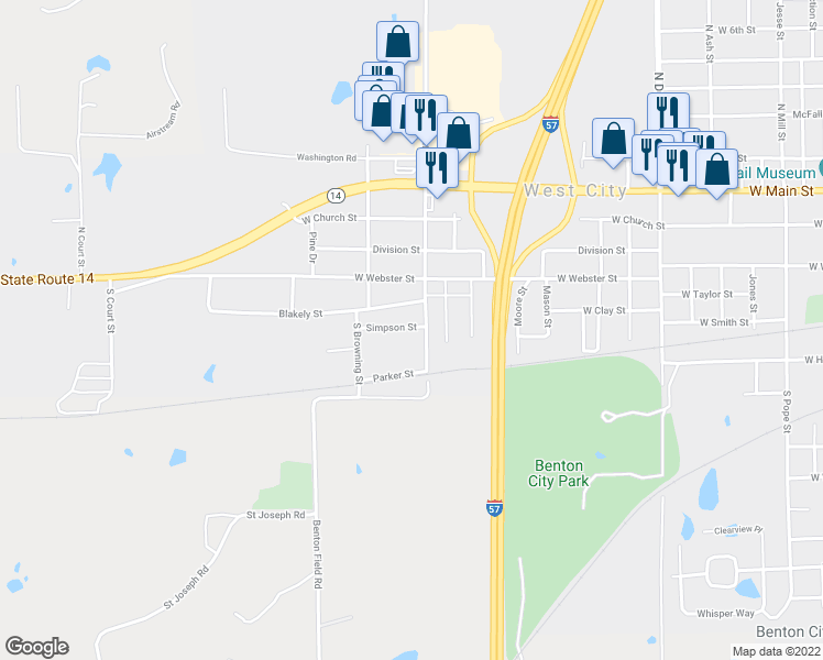 map of restaurants, bars, coffee shops, grocery stores, and more near 1004 Simpson Street in Benton