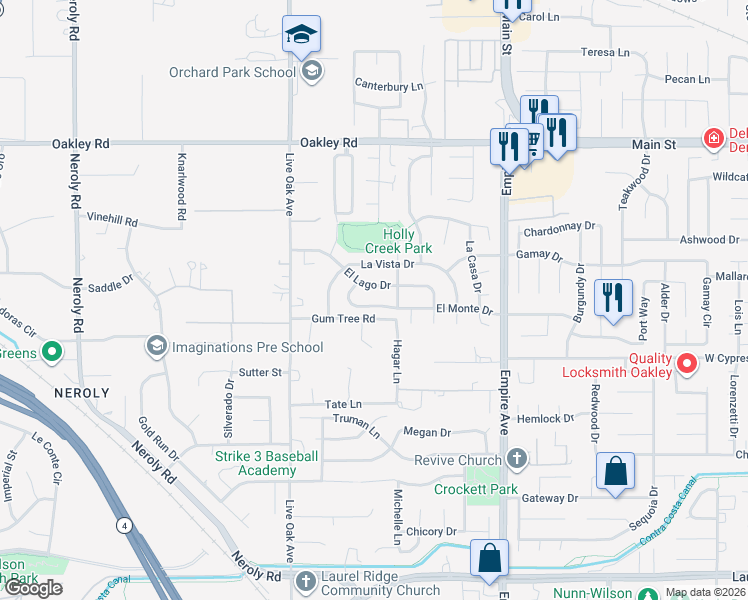 map of restaurants, bars, coffee shops, grocery stores, and more near 2331 El Monte Drive in Oakley