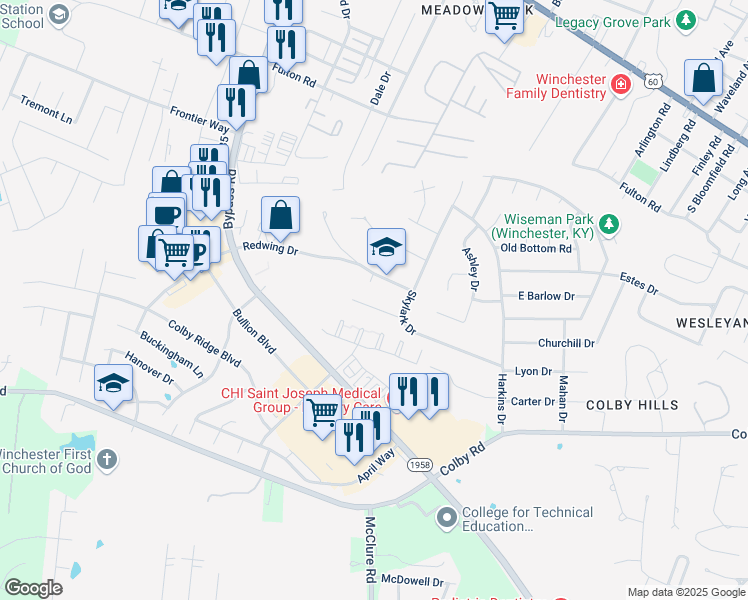 map of restaurants, bars, coffee shops, grocery stores, and more near 5 Chickadee Lane in Winchester