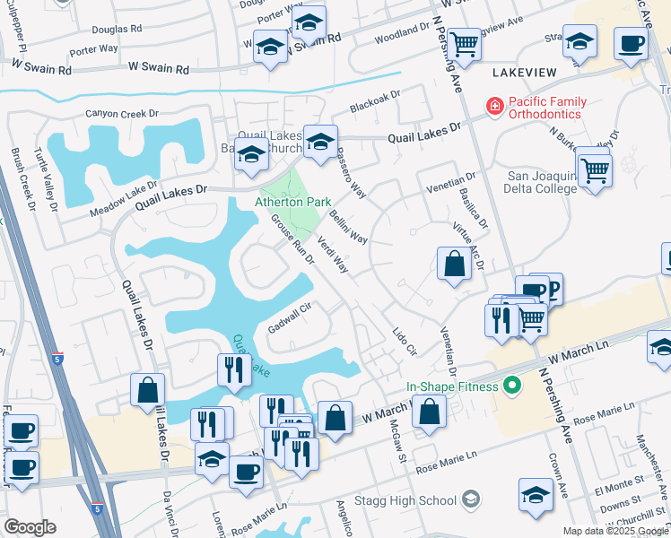 map of restaurants, bars, coffee shops, grocery stores, and more near 5237 Verdi Way in Stockton