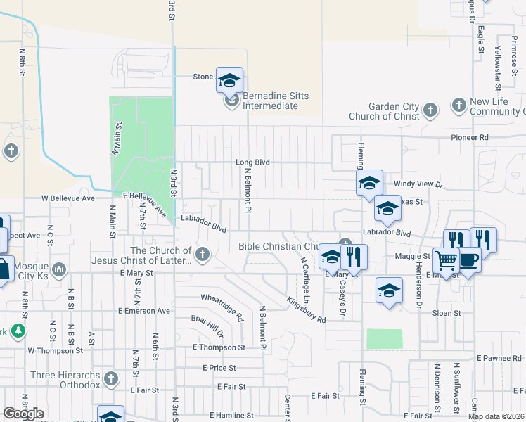 map of restaurants, bars, coffee shops, grocery stores, and more near 2703 N Rock Rd in Garden City