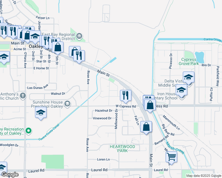 map of restaurants, bars, coffee shops, grocery stores, and more near 4560 Waterford Way in Oakley