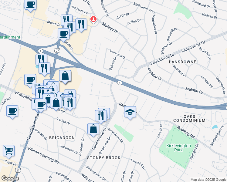 map of restaurants, bars, coffee shops, grocery stores, and more near 3468 Lansdowne Drive in Lexington