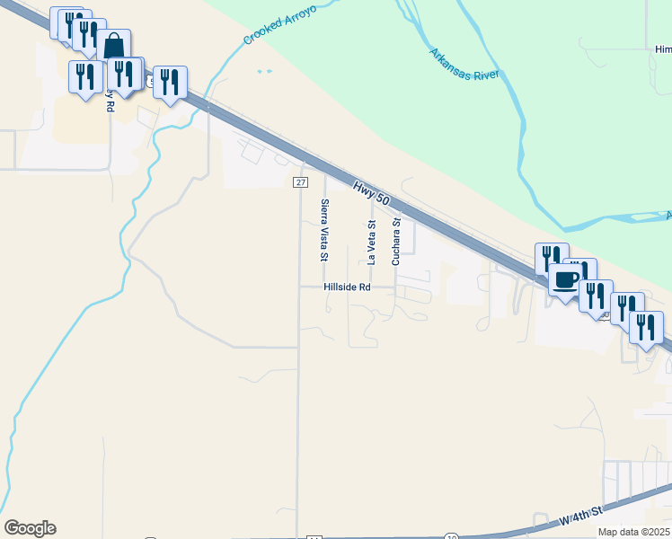 map of restaurants, bars, coffee shops, grocery stores, and more near Hillside Rd in La Junta