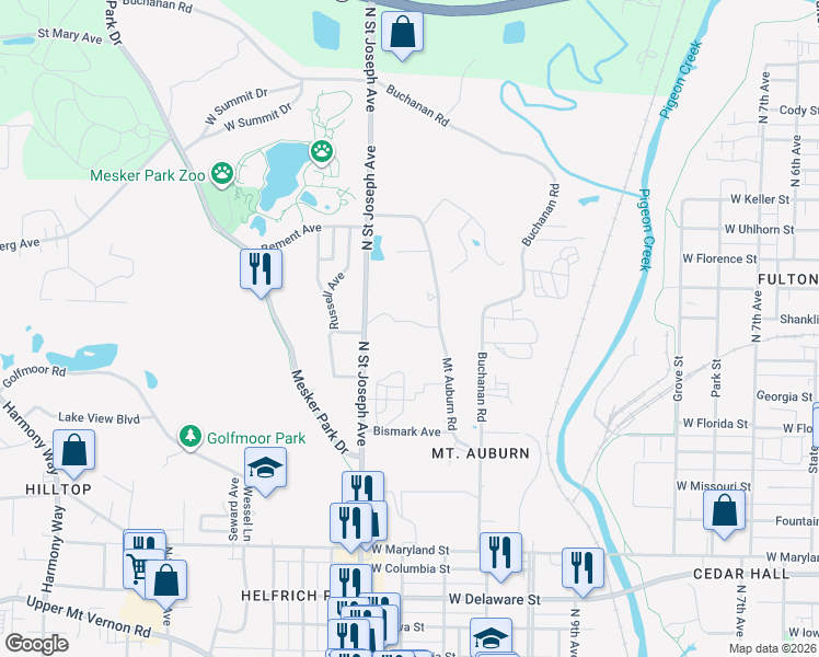 map of restaurants, bars, coffee shops, grocery stores, and more near 1516 Mount Auburn Road in Evansville
